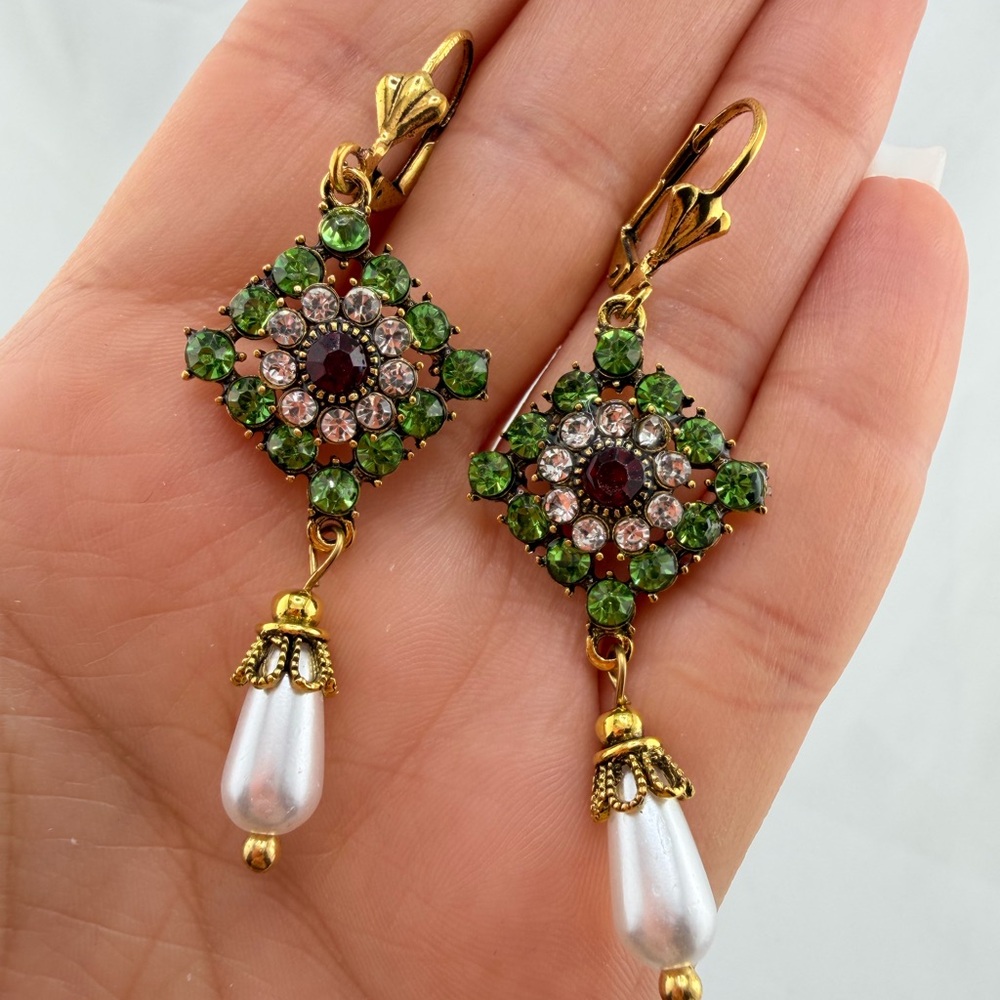 Vintage Gold and Green Floral Drop Earrings